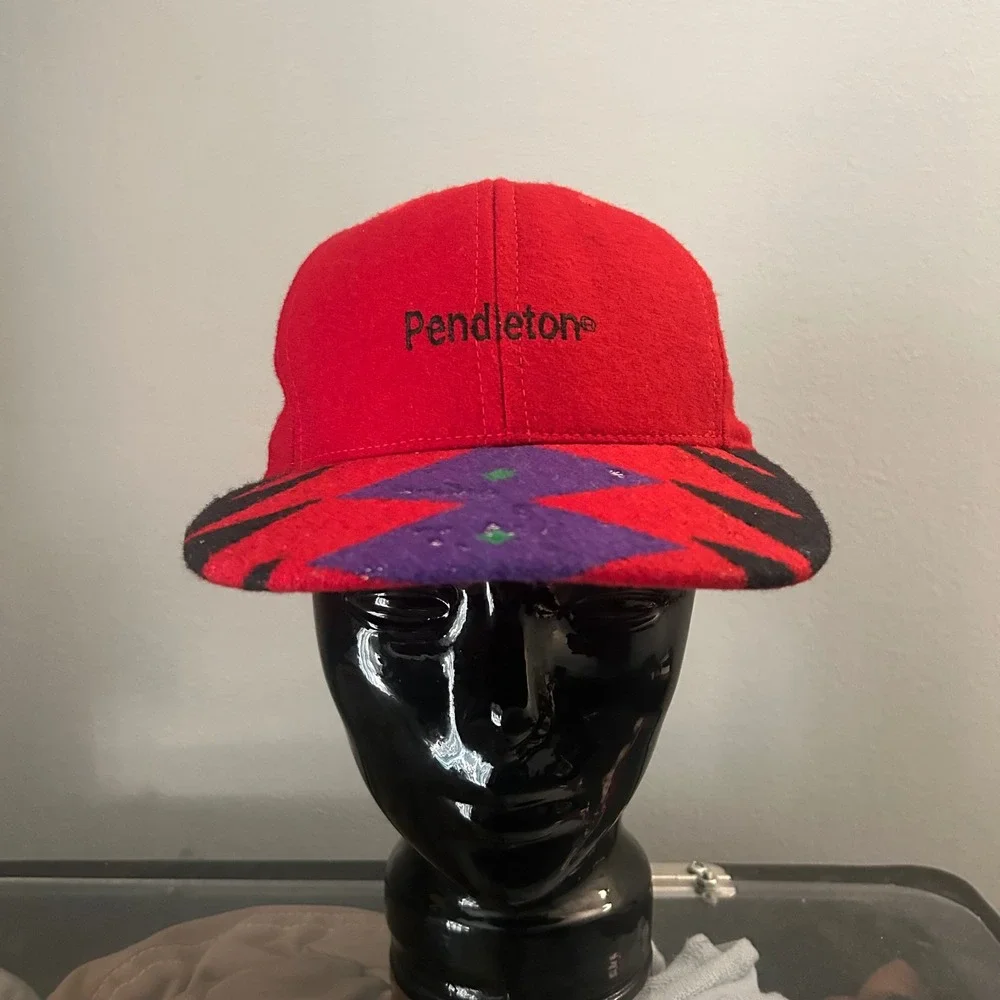 Pendleton Hat Men OS Red Wool Southwestern Pattern Leather Strapback B147